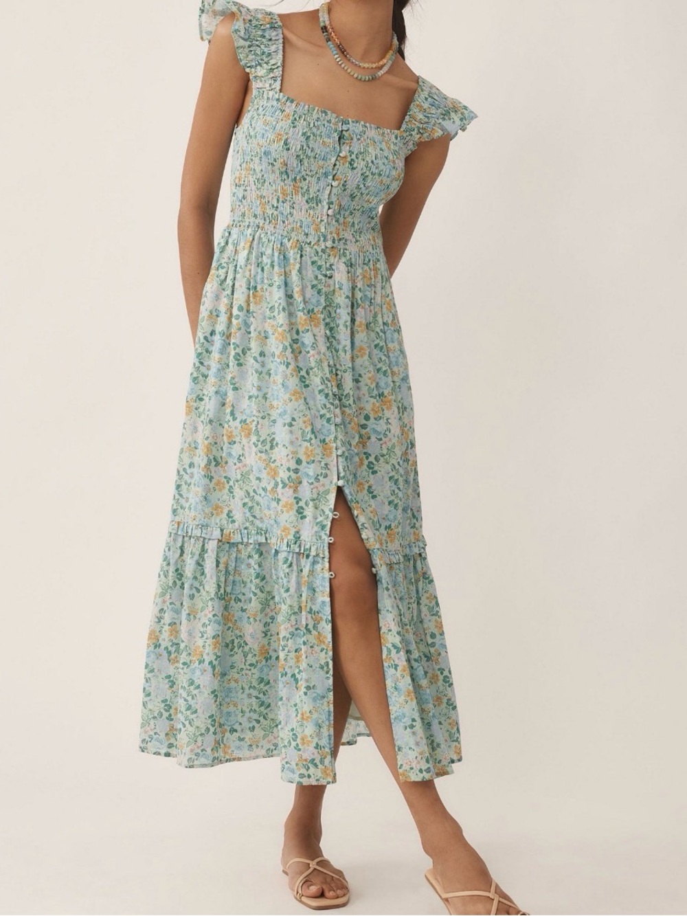 Anthropologie Peregrine Midi Dress Square Neck Floral Medium Petite
